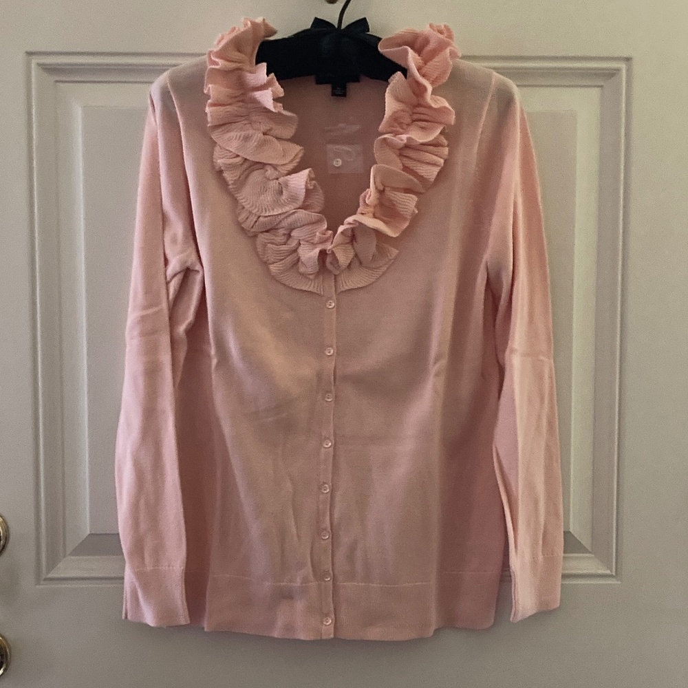 Dialogue Long Sleeve V-Neck Knit Cardigan/Ruffle Trim/Peach/M/NEW!/NEVER WORN!